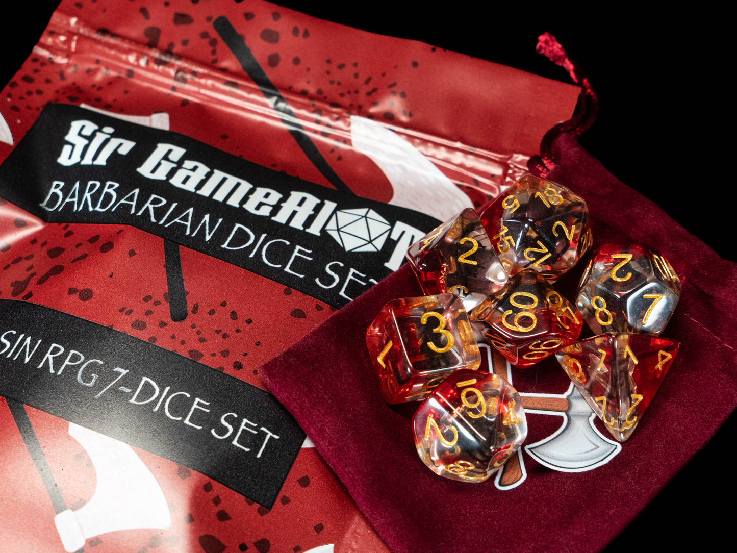 Barbarian DND Dice Set – 7 Piece Red Resin Polyhedral RPG Dice with Embedded Crossed Axe Designs & Barbarian Velvet Dice Bag | Fantasy TTRPG Dice for Pathfinder, Berserkers & Warriors