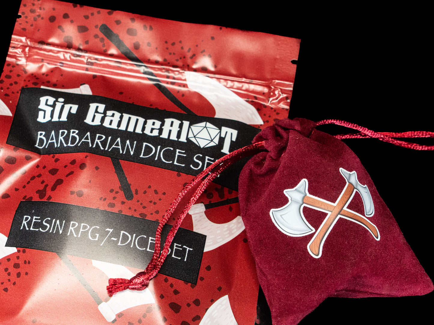 Barbarian DND Dice Set – 7 Piece Red Resin Polyhedral RPG Dice with Embedded Crossed Axe Designs & Barbarian Velvet Dice Bag | Fantasy TTRPG Dice for Pathfinder, Berserkers & Warriors
