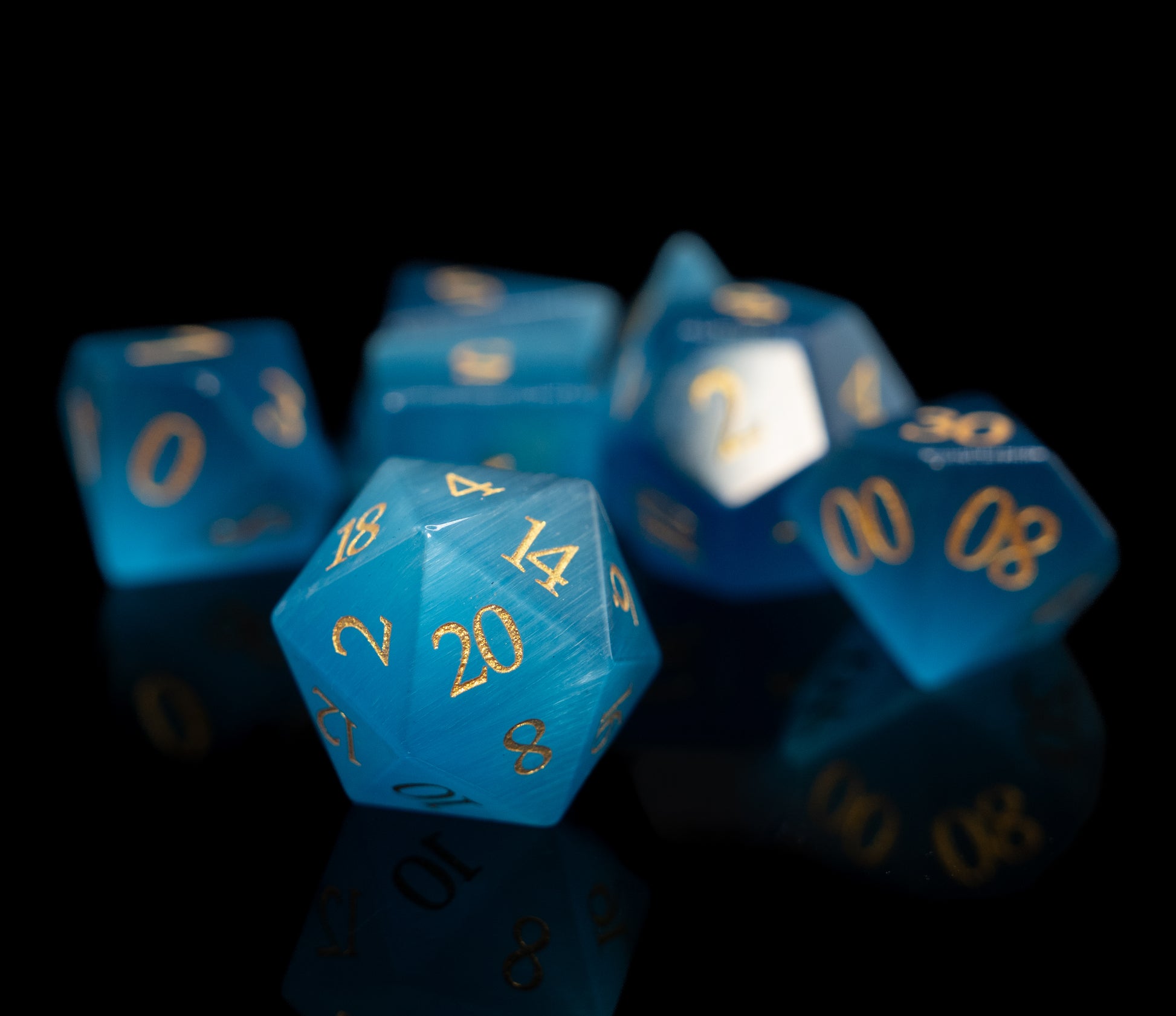 blue cat's eye gemstone dnd dice set