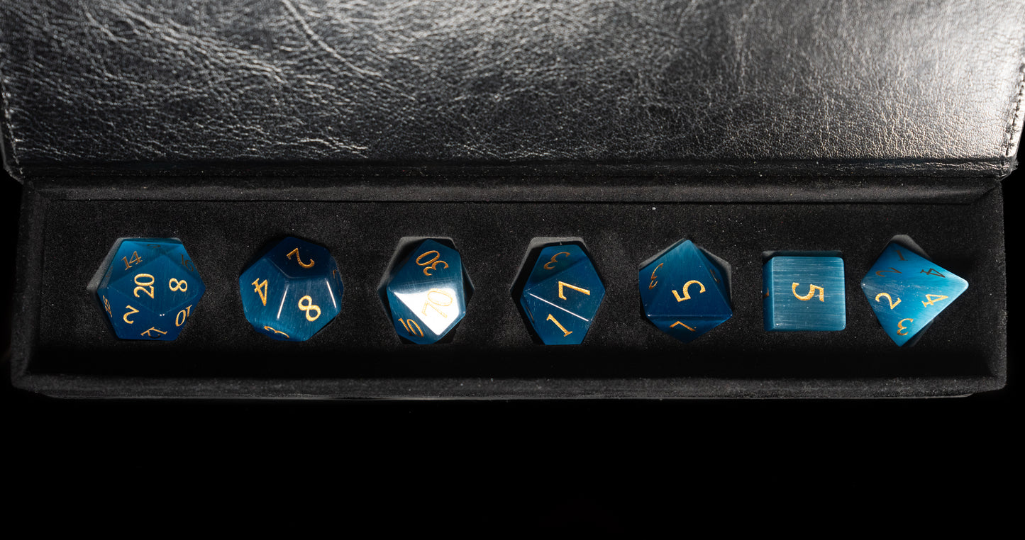 blue cat's eye gemstone dnd dice set