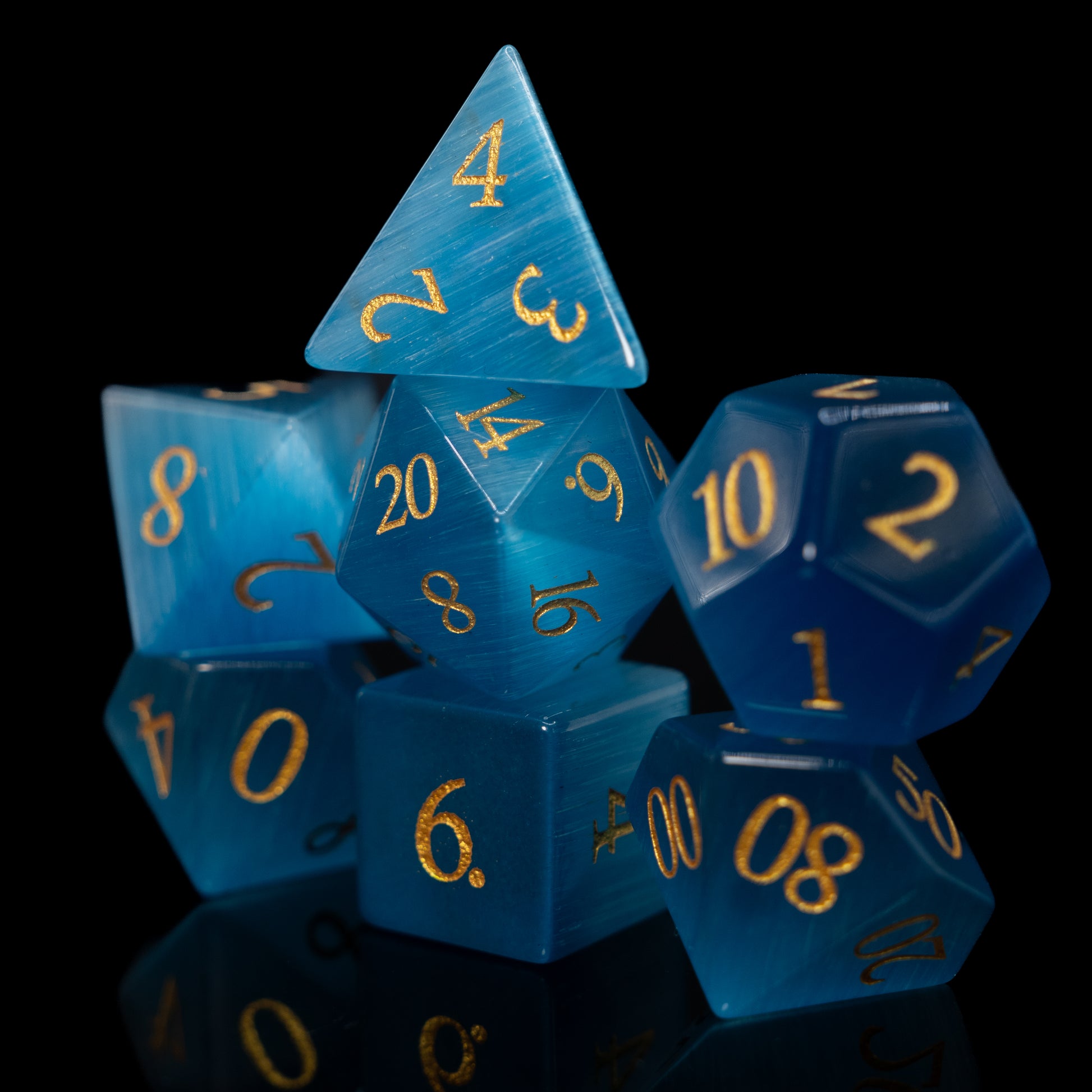 blue cat's eye gemstone dnd dice set