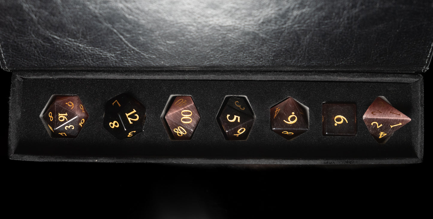 chocolate cat's eye gemstone dnd dice set