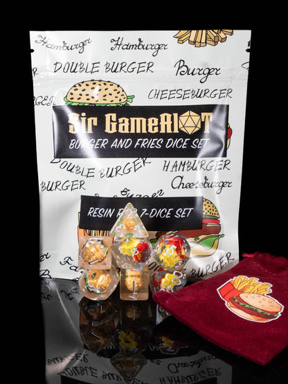 Burger & Fries DND Dice Set – 7 Piece Clear Resin Polyhedral RPG Dice with Mini Burger & French Fries Inclusions, Burger Velvet Dice Bag | Funny Food Themed TTRPG Dice for Pathfinder, Gamers & Collectors