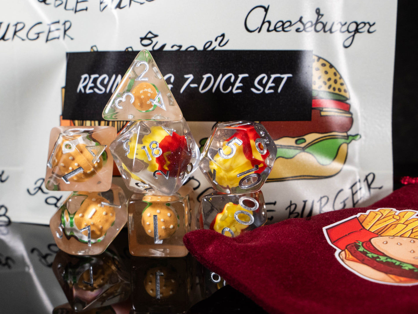 Burger & Fries DND Dice Set – 7 Piece Clear Resin Polyhedral RPG Dice with Mini Burger & French Fries Inclusions, Burger Velvet Dice Bag | Funny Food Themed TTRPG Dice for Pathfinder, Gamers & Collectors