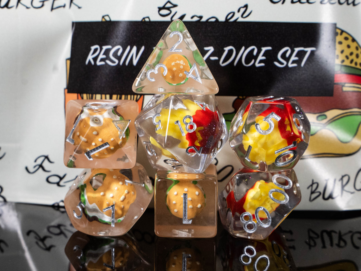 Burger & Fries DND Dice Set – 7 Piece Clear Resin Polyhedral RPG Dice with Mini Burger & French Fries Inclusions, Burger Velvet Dice Bag | Funny Food Themed TTRPG Dice for Pathfinder, Gamers & Collectors