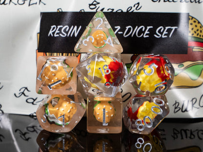 Burger & Fries DND Dice Set – 7 Piece Clear Resin Polyhedral RPG Dice with Mini Burger & French Fries Inclusions, Burger Velvet Dice Bag | Funny Food Themed TTRPG Dice for Pathfinder, Gamers & Collectors