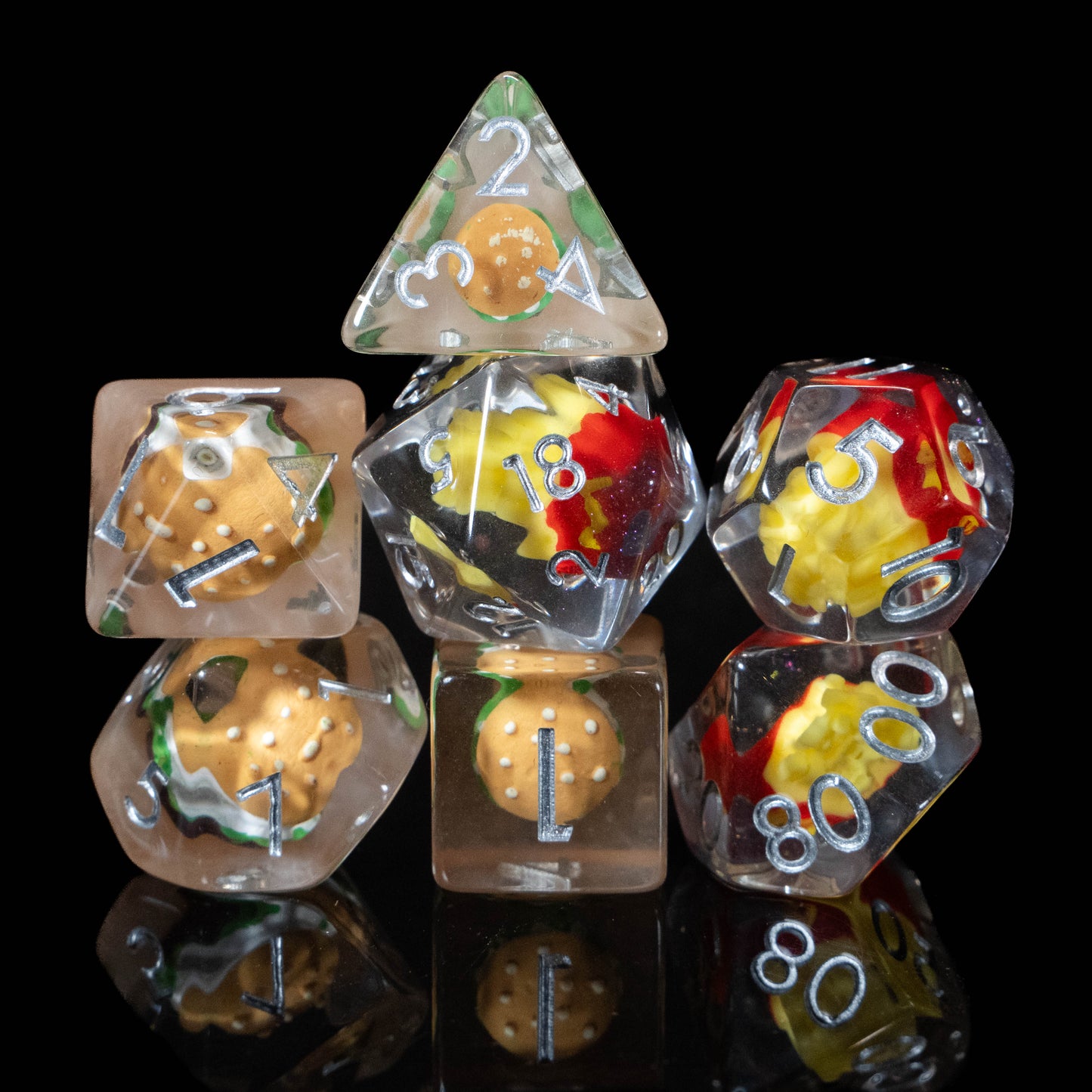 Burger & Fries DND Dice Set – 7 Piece Clear Resin Polyhedral RPG Dice with Mini Burger & French Fries Inclusions, Burger Velvet Dice Bag | Funny Food Themed TTRPG Dice for Pathfinder, Gamers & Collectors