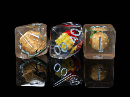 Burger & Fries DND Dice Set – 7 Piece Clear Resin Polyhedral RPG Dice with Mini Burger & French Fries Inclusions, Burger Velvet Dice Bag | Funny Food Themed TTRPG Dice for Pathfinder, Gamers & Collectors