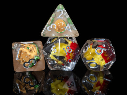 Burger & Fries DND Dice Set – 7 Piece Clear Resin Polyhedral RPG Dice with Mini Burger & French Fries Inclusions, Burger Velvet Dice Bag | Funny Food Themed TTRPG Dice for Pathfinder, Gamers & Collectors