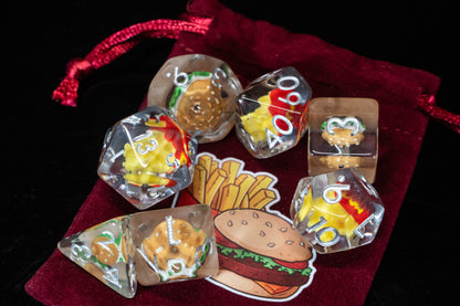 Burger & Fries DND Dice Set – 7 Piece Clear Resin Polyhedral RPG Dice with Mini Burger & French Fries Inclusions, Burger Velvet Dice Bag | Funny Food Themed TTRPG Dice for Pathfinder, Gamers & Collectors