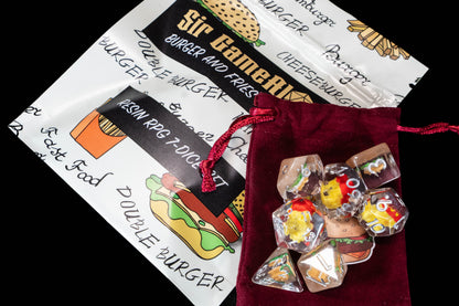 Burger & Fries DND Dice Set – 7 Piece Clear Resin Polyhedral RPG Dice with Mini Burger & French Fries Inclusions, Burger Velvet Dice Bag | Funny Food Themed TTRPG Dice for Pathfinder, Gamers & Collectors