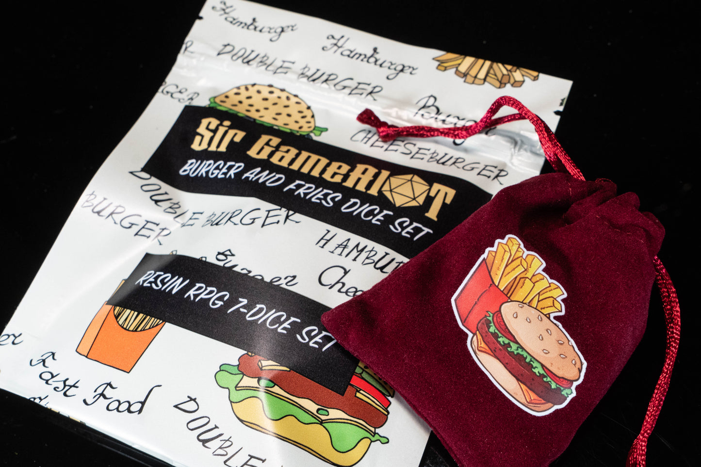 Burger & Fries DND Dice Set – 7 Piece Clear Resin Polyhedral RPG Dice with Mini Burger & French Fries Inclusions, Burger Velvet Dice Bag | Funny Food Themed TTRPG Dice for Pathfinder, Gamers & Collectors