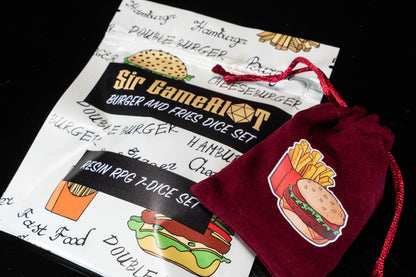 Burger & Fries DND Dice Set – 7 Piece Clear Resin Polyhedral RPG Dice with Mini Burger & French Fries Inclusions, Burger Velvet Dice Bag | Funny Food Themed TTRPG Dice for Pathfinder, Gamers & Collectors