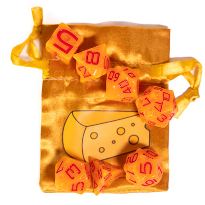 these dice are cheesy fun themed resin cheddar dungeons and dragons (aka dnd or d&d) game dice set, including a d20, d12, d10, d8, d6, and d4