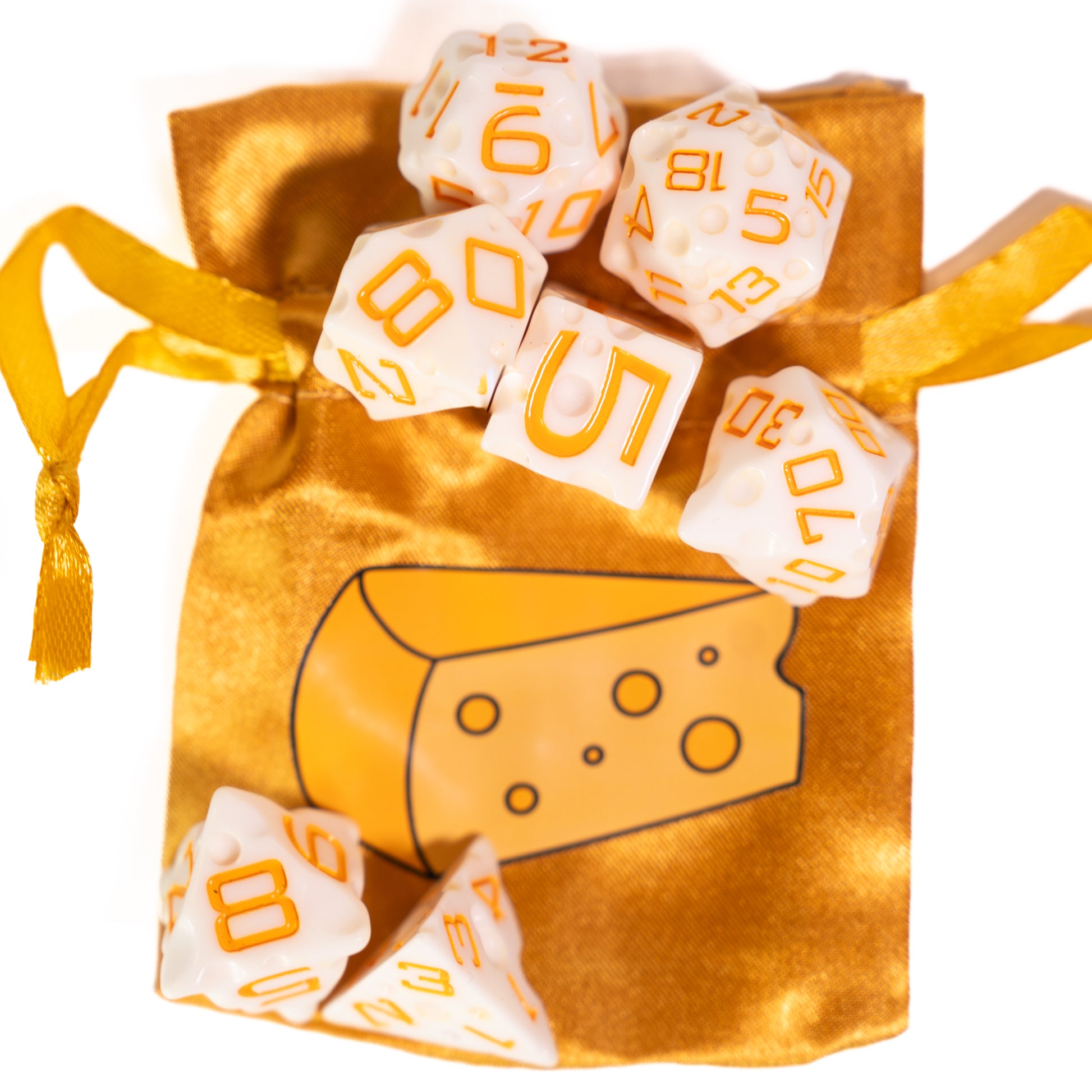 these dice are cheesy fun themed resin mozzarella dungeons and dragons (aka dnd or d&d) game dice set, including a d20, d12, d10, d8, d6, and d4