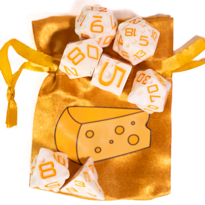 these dice are cheesy fun themed resin mozzarella dungeons and dragons (aka dnd or d&d) game dice set, including a d20, d12, d10, d8, d6, and d4