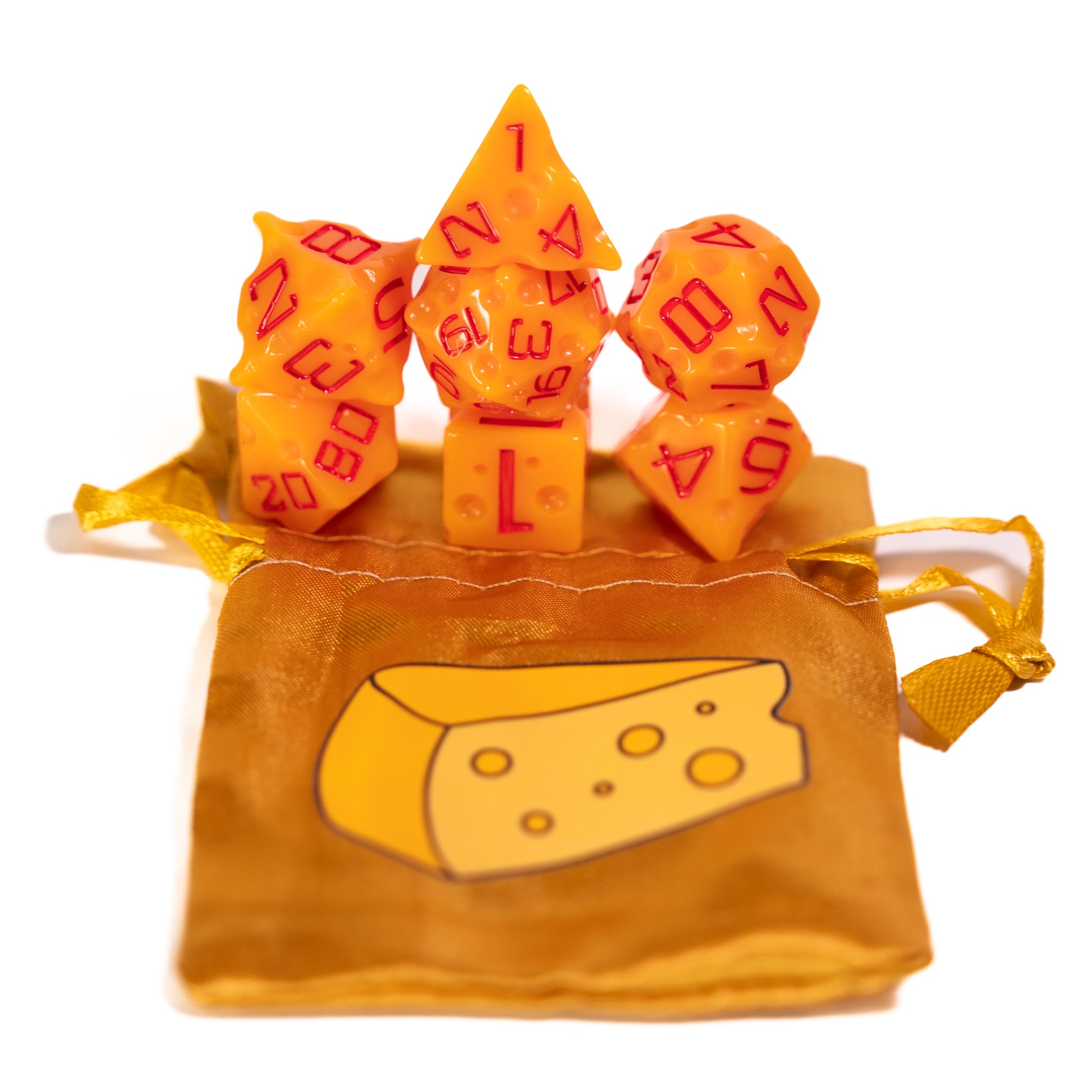 these dice are cheesy fun themed resin cheddar dungeons and dragons (aka dnd or d&d) game dice set, including a d20, d12, d10, d8, d6, and d4