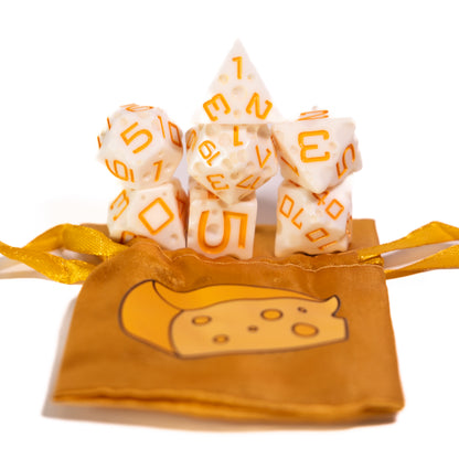 these dice are cheesy fun themed resin mozzarella dungeons and dragons (aka dnd or d&d) game dice set, including a d20, d12, d10, d8, d6, and d4