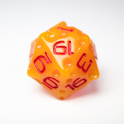 these dice are cheesy fun themed resin cheddar dungeons and dragons (aka dnd or d&d) game dice set, including a d20, d12, d10, d8, d6, and d4