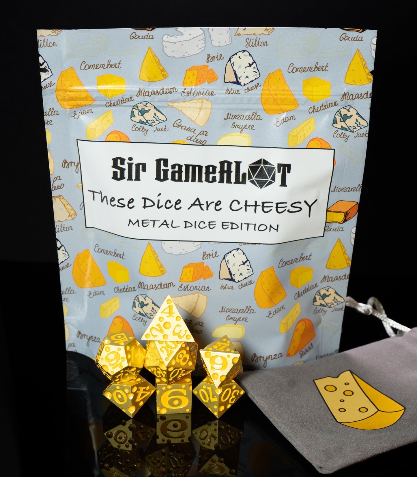 these dice are cheesy fun themed metal dungeons and dragons (aka dnd or d&d) game dice set, including a d20, d12, d10, d8, d6, and d4
