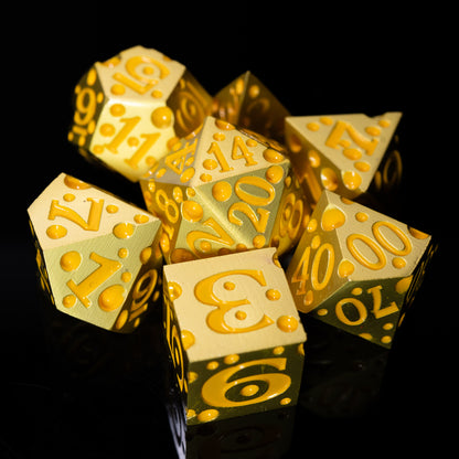 these dice are cheesy fun themed metal dungeons and dragons (aka dnd or d&d) game dice set, including a d20, d12, d10, d8, d6, and d4