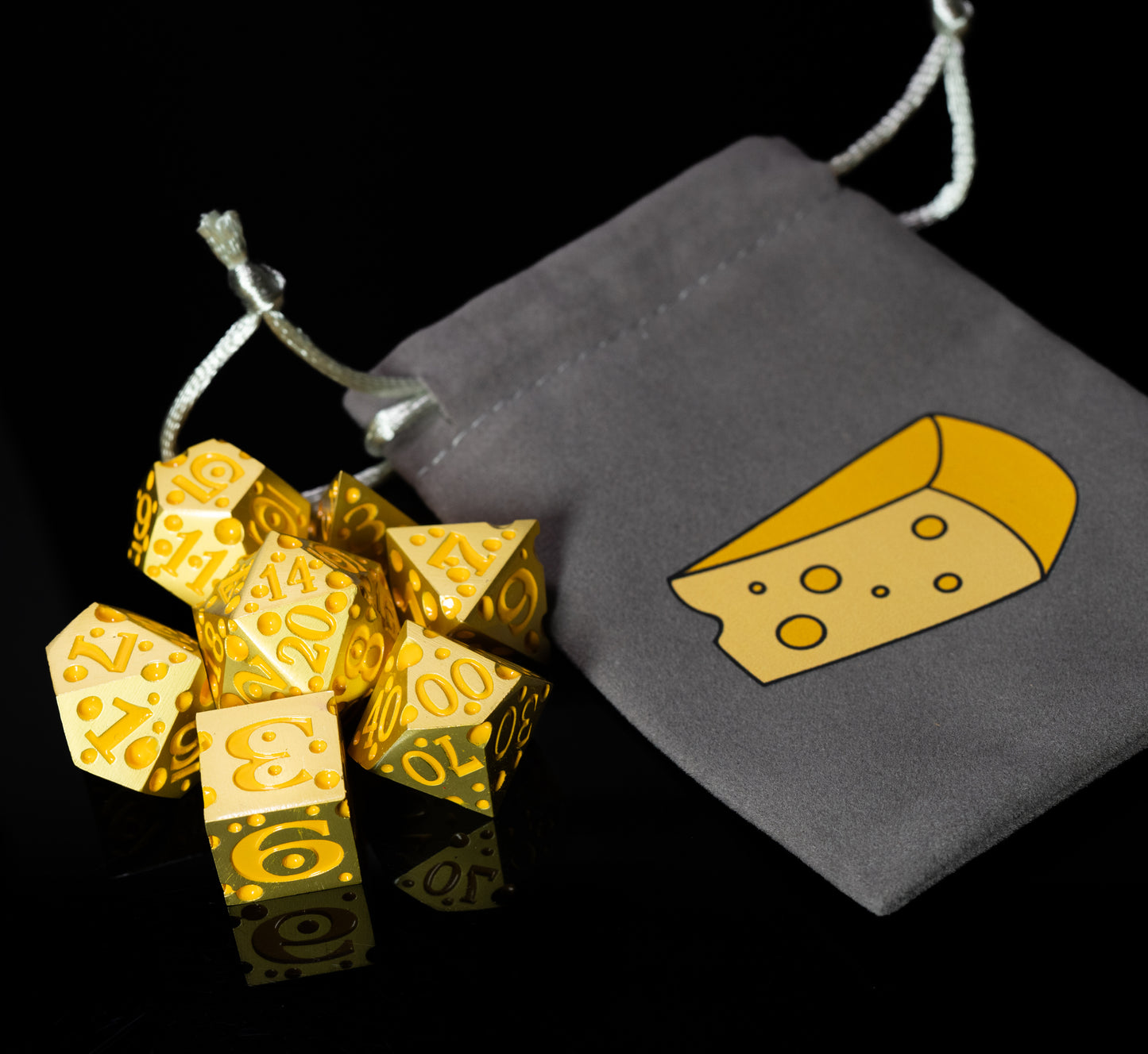 these dice are cheesy fun themed metal dungeons and dragons (aka dnd or d&d) game dice set, including a d20, d12, d10, d8, d6, and d4