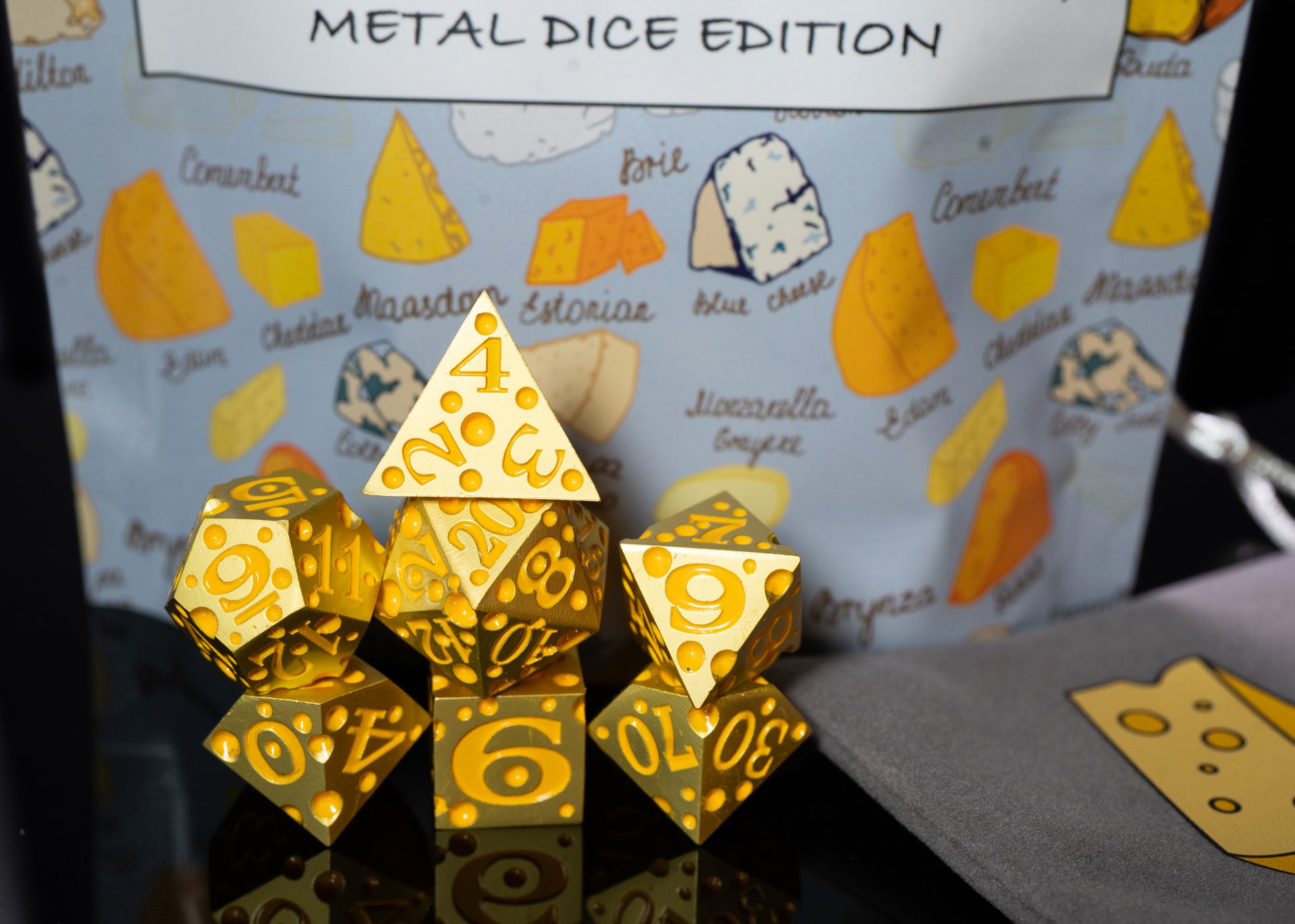 these dice are cheesy fun themed metal dungeons and dragons (aka dnd or d&d) game dice set, including a d20, d12, d10, d8, d6, and d4
