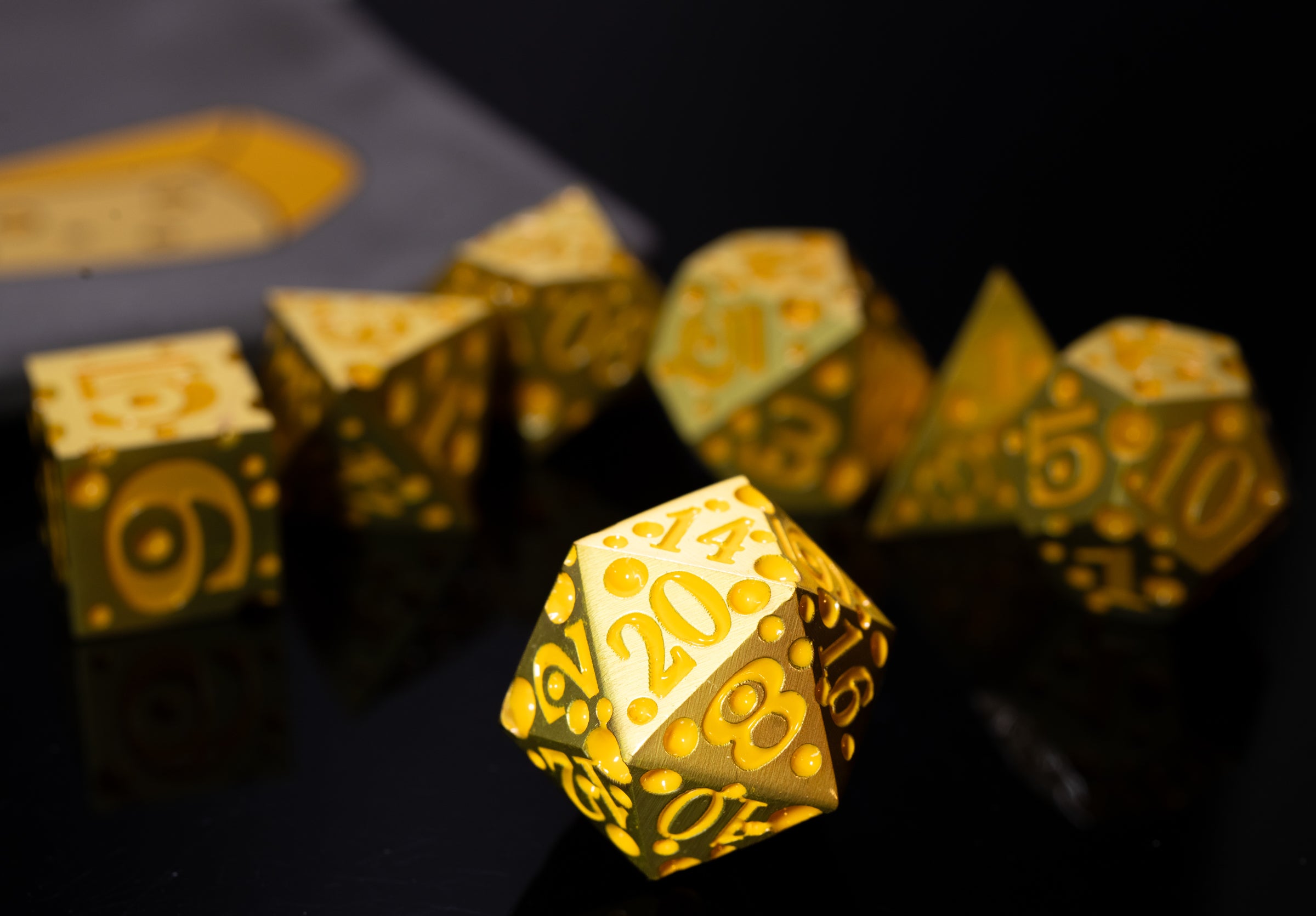 these dice are cheesy fun themed metal dungeons and dragons (aka dnd or d&d) game dice set, including a d20, d12, d10, d8, d6, and d4