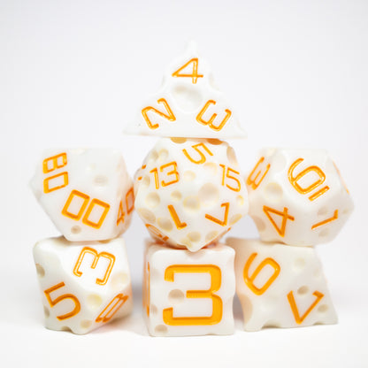 these dice are cheesy fun themed resin mozzarella dungeons and dragons (aka dnd or d&d) game dice set, including a d20, d12, d10, d8, d6, and d4