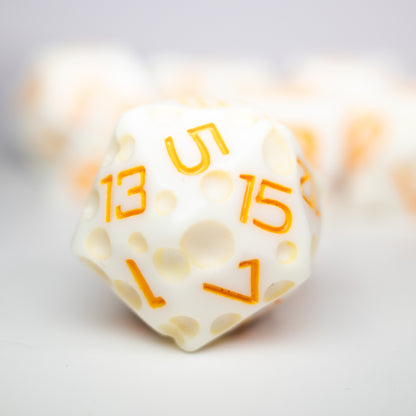 these dice are cheesy fun themed resin mozzarella dungeons and dragons (aka dnd or d&d) game dice set, including a d20, d12, d10, d8, d6, and d4
