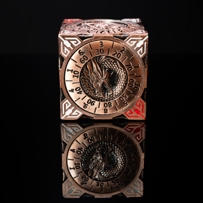 copper cube fidget spinner for dungeons and dragons (aka dnd or d&d) - use as a game dice set, including a d20, d12, d10, d8, d6, and d4