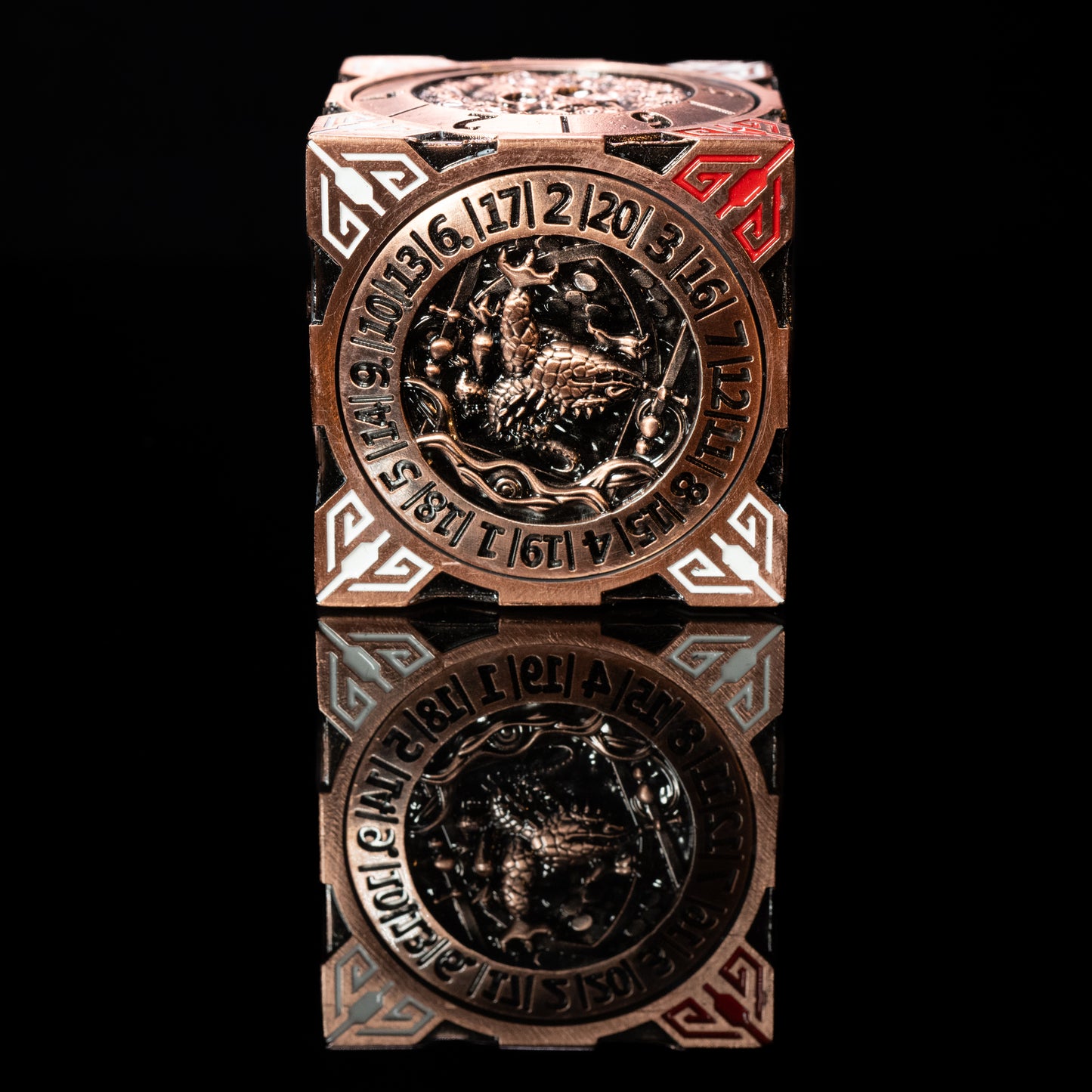 copper cube fidget spinner for dungeons and dragons (aka dnd or d&d) - use as a game dice set, including a d20, d12, d10, d8, d6, and d4