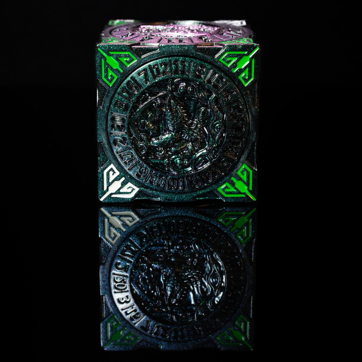 green silver cube fidget spinner for dungeons and dragons (aka dnd or d&d) - use as a game dice set, including a d20, d12, d10, d8, d6, and d4