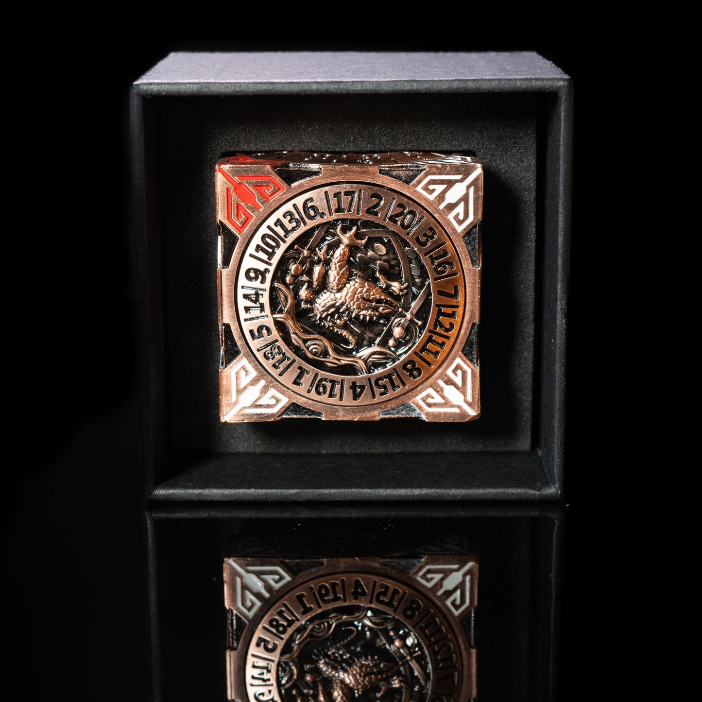 copper cube fidget spinner for dungeons and dragons (aka dnd or d&d) - use as a game dice set, including a d20, d12, d10, d8, d6, and d4