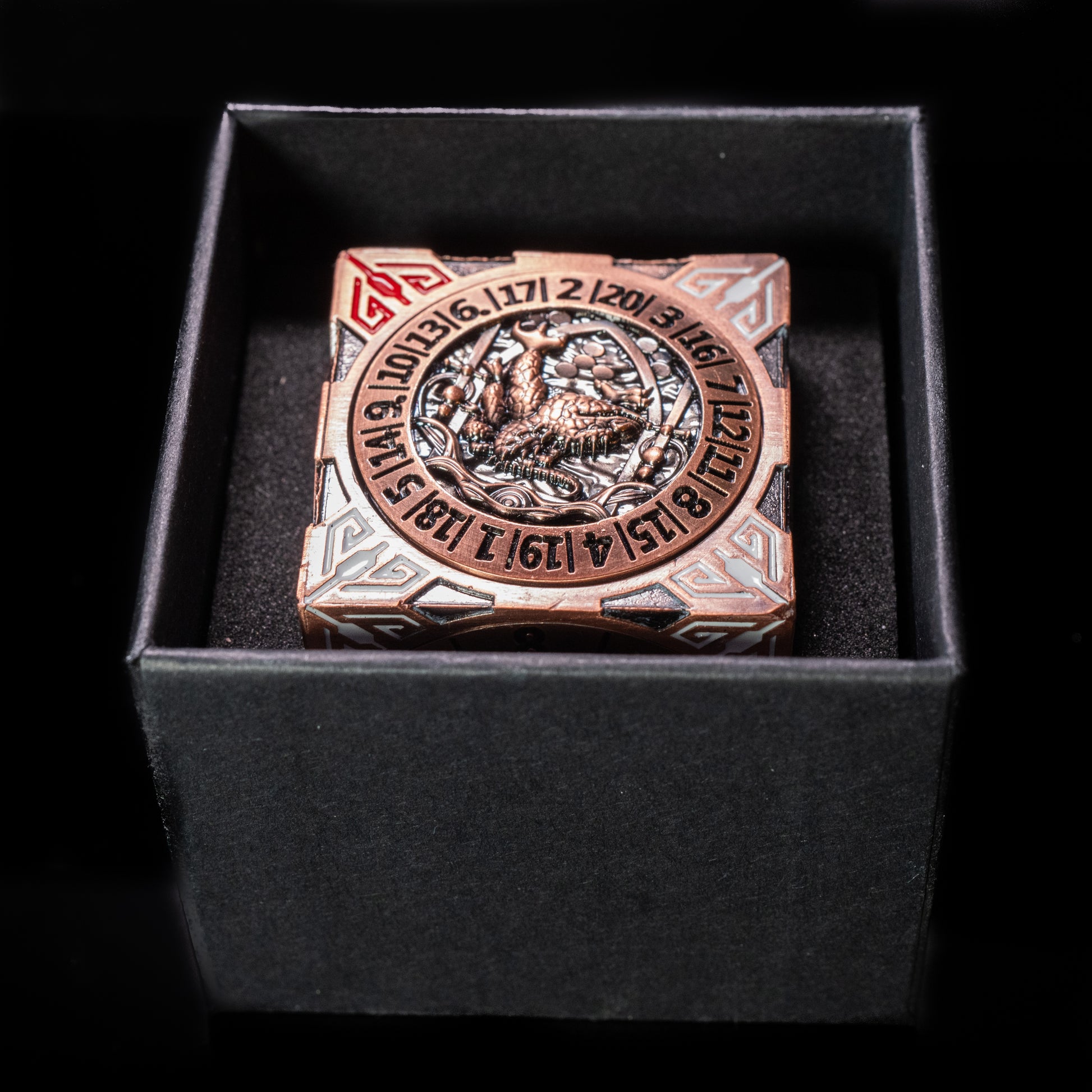 copper cube fidget spinner for dungeons and dragons (aka dnd or d&d) - use as a game dice set, including a d20, d12, d10, d8, d6, and d4