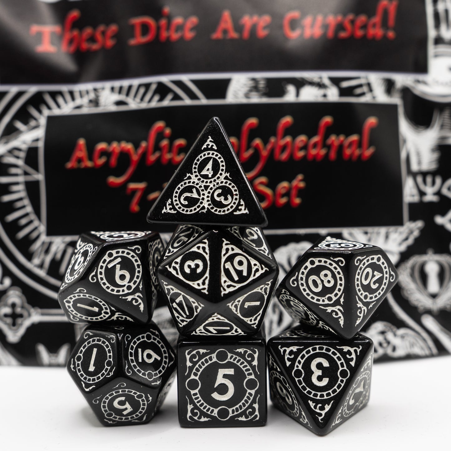 cursed sun and moon design acrylic dnd dice set