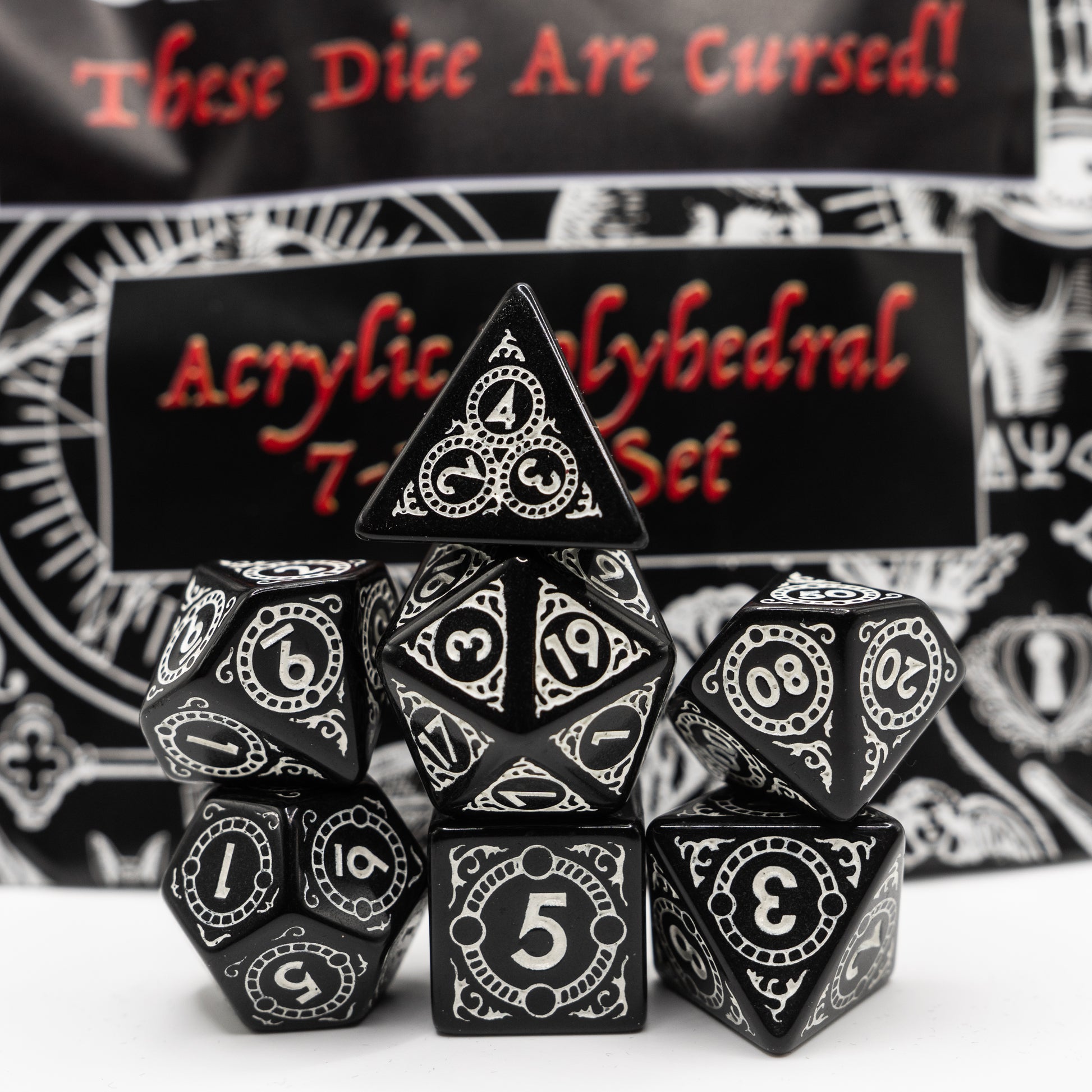 cursed sun and moon design acrylic dnd dice set