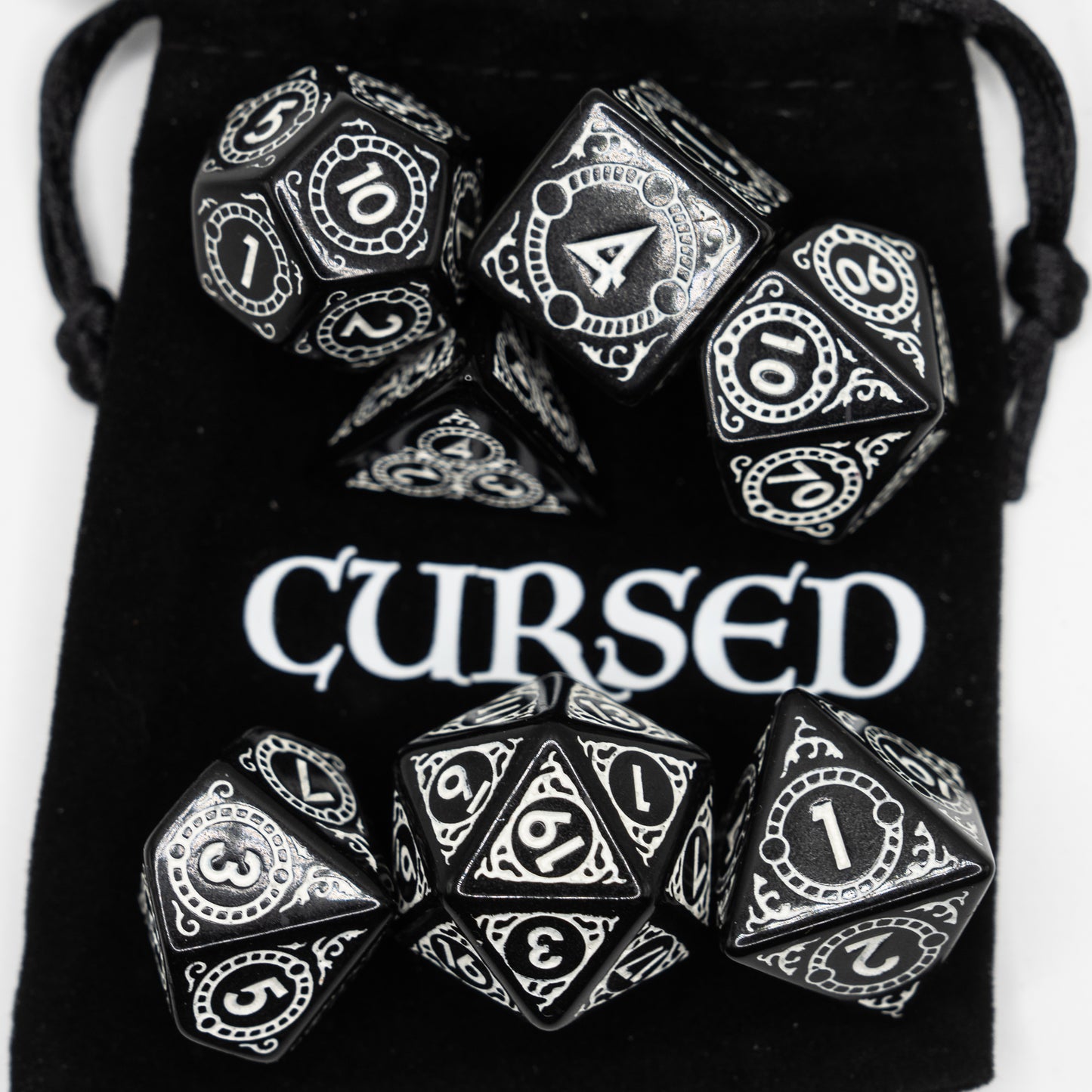 cursed sun and moon design acrylic dnd dice set with velvet pouch 