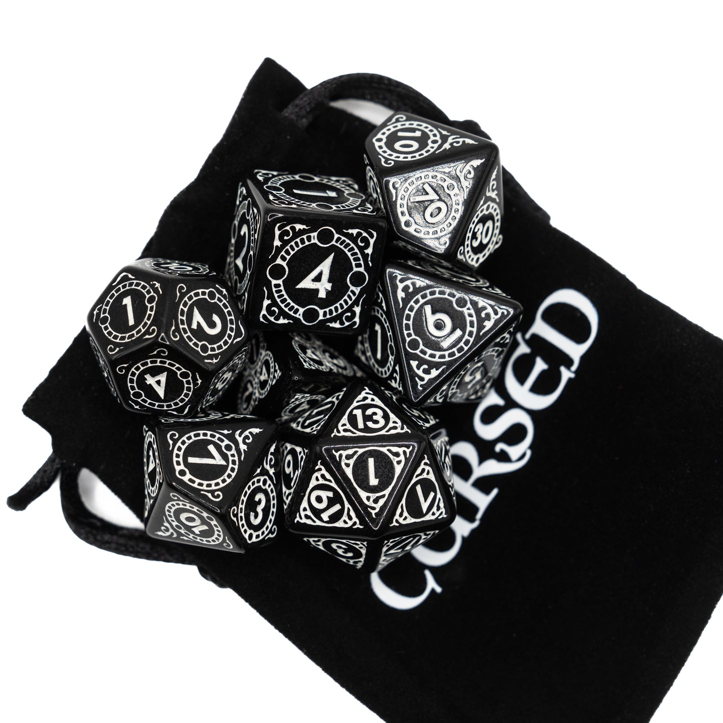 cursed sun and moon design acrylic dnd dice set with velvet pouch