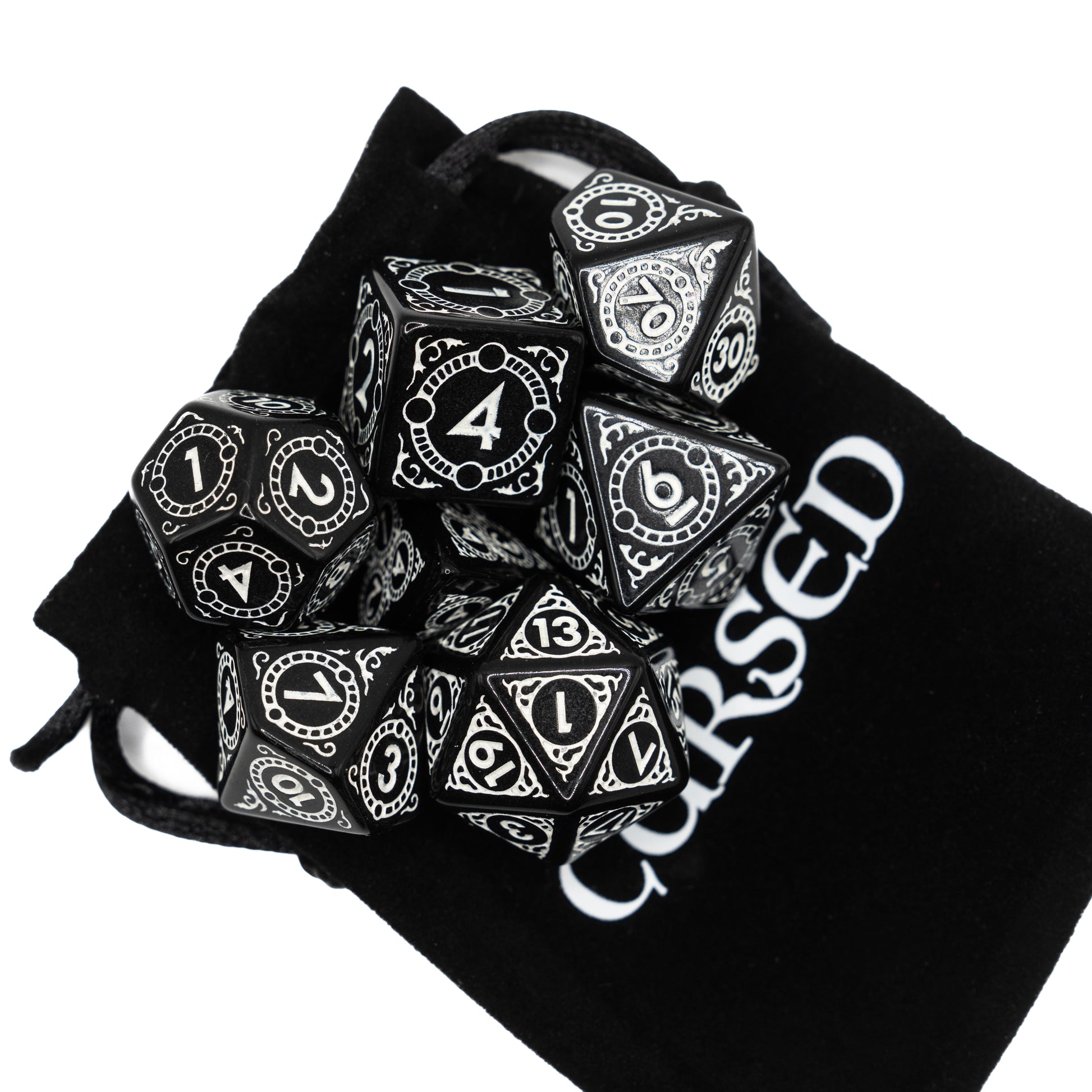 cursed sun and moon design acrylic dnd dice set with velvet pouch