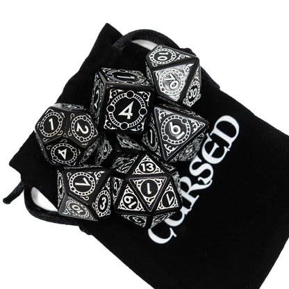 cursed sun and moon design acrylic dnd dice set with velvet pouch