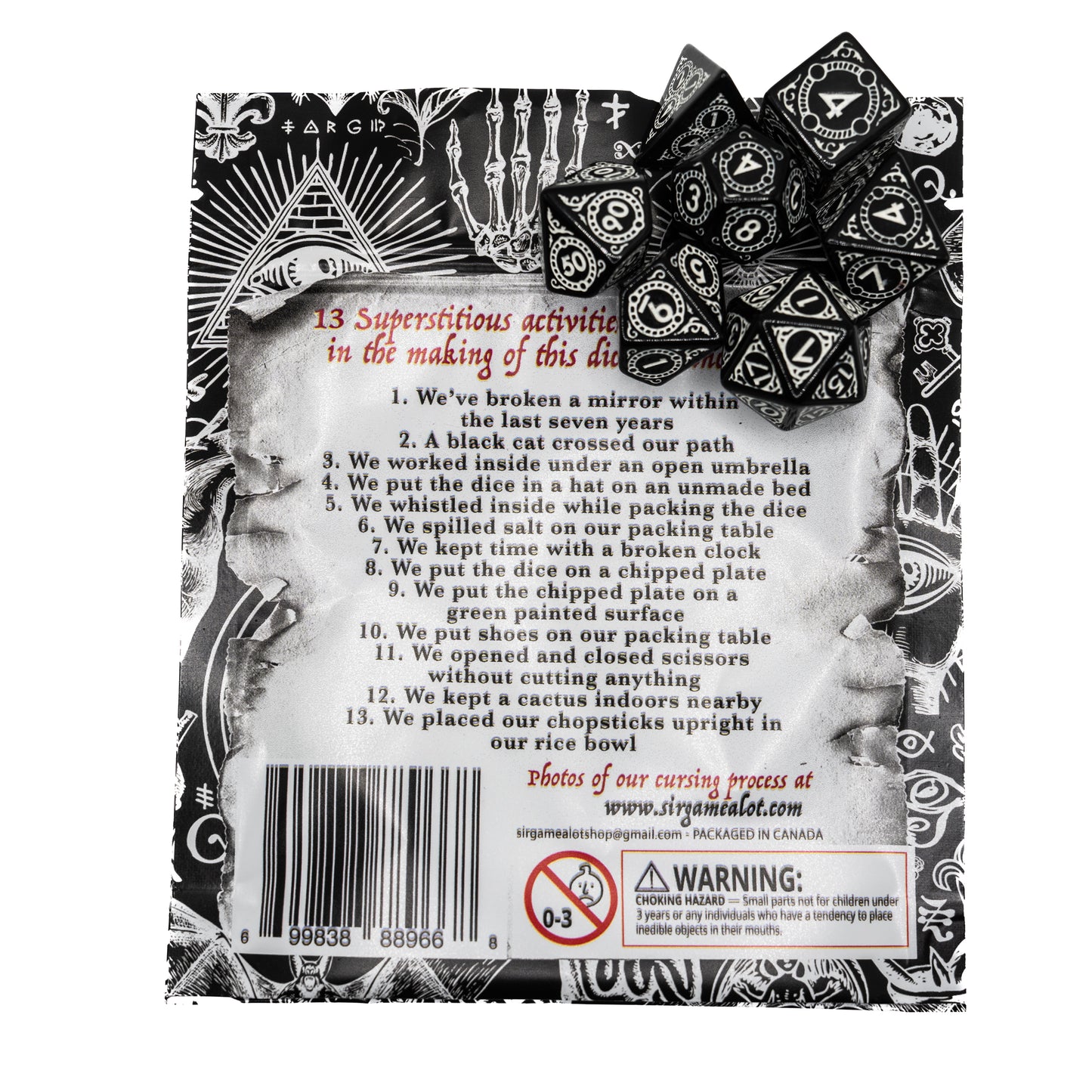 cursed sun and moon design acrylic dnd dice set with packaging