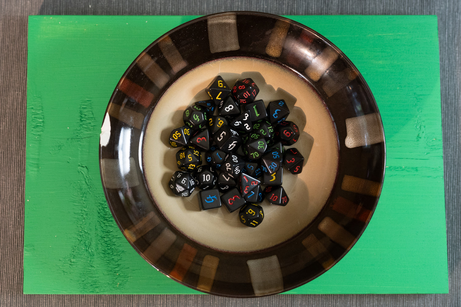 Set of multicolored dungeons and dragons (aka dnd or d&d) game dice sets, including a d20, d12, d10, d8, d6, and d4, all on a decorative plate with a green background