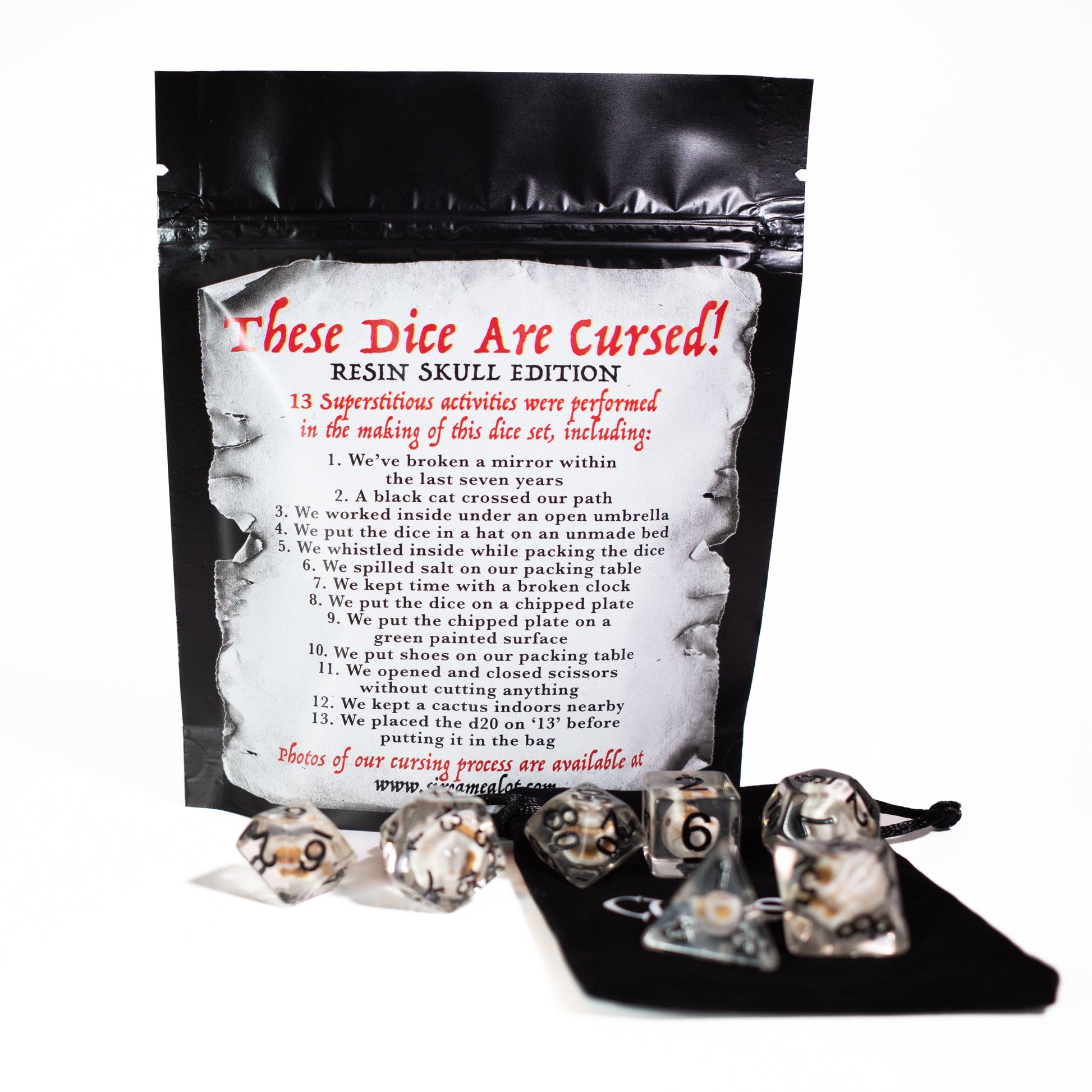 cursed resin skull design dungeons and dragons (aka dnd or d&d) game dice set, including a d20, d12, d10, d8, d6, and d4