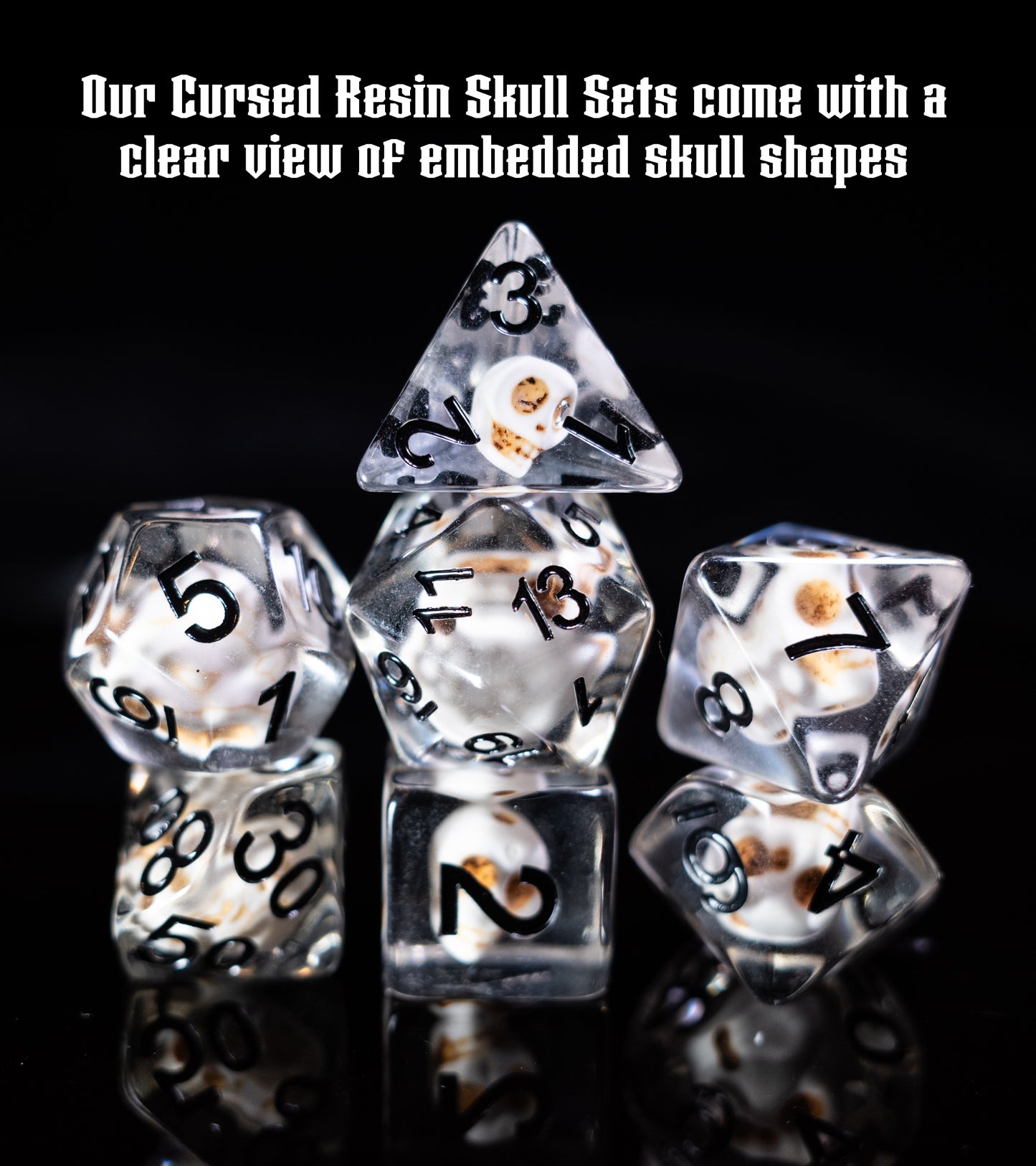 cursed resin skull design dungeons and dragons (aka dnd or d&d) game dice set, including a d20, d12, d10, d8, d6, and d4