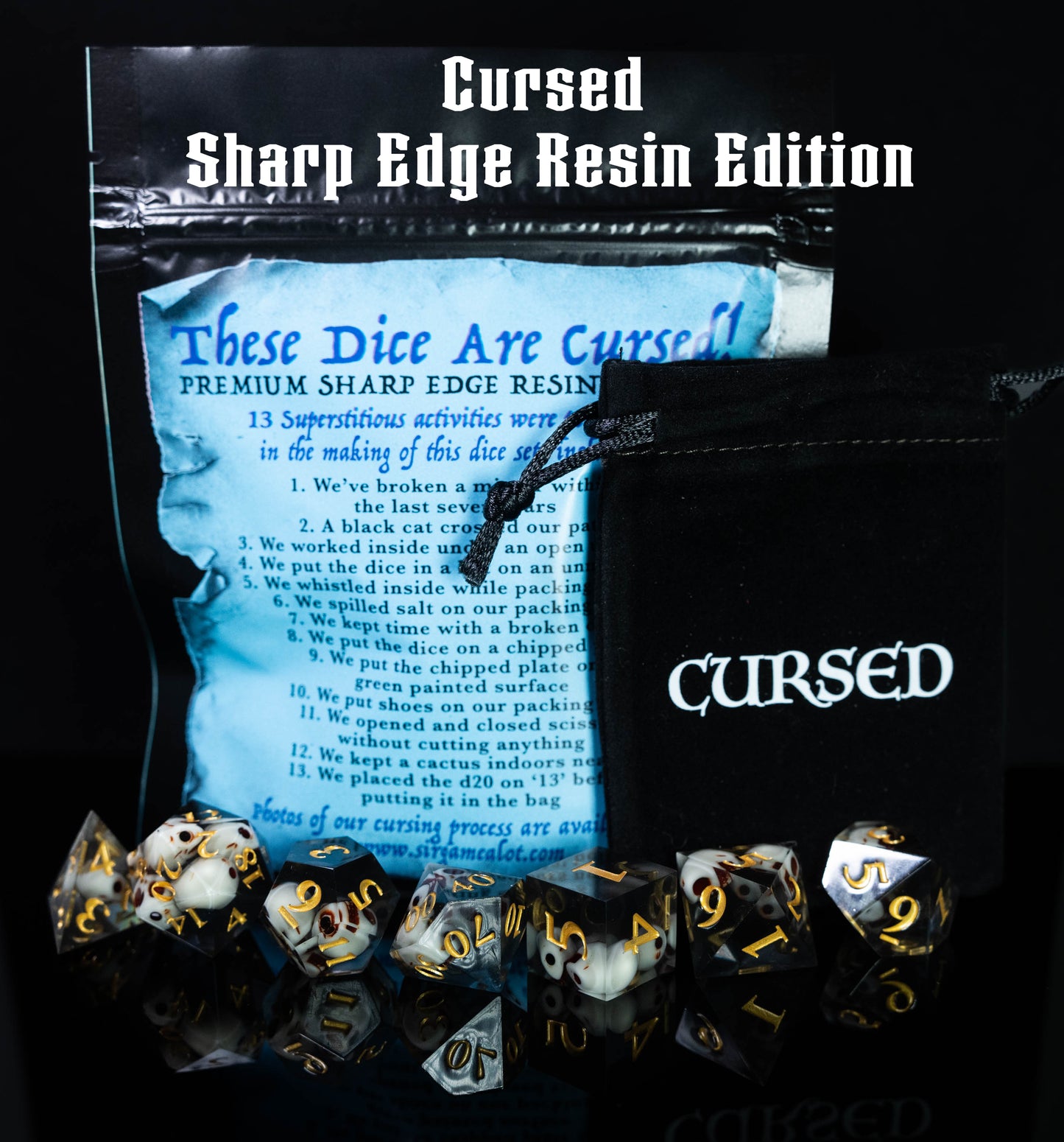 cursed black sharp edge resin skull design dungeons and dragons (aka dnd or d&d) game dice set, including a d20, d12, d10, d8, d6, and d4
