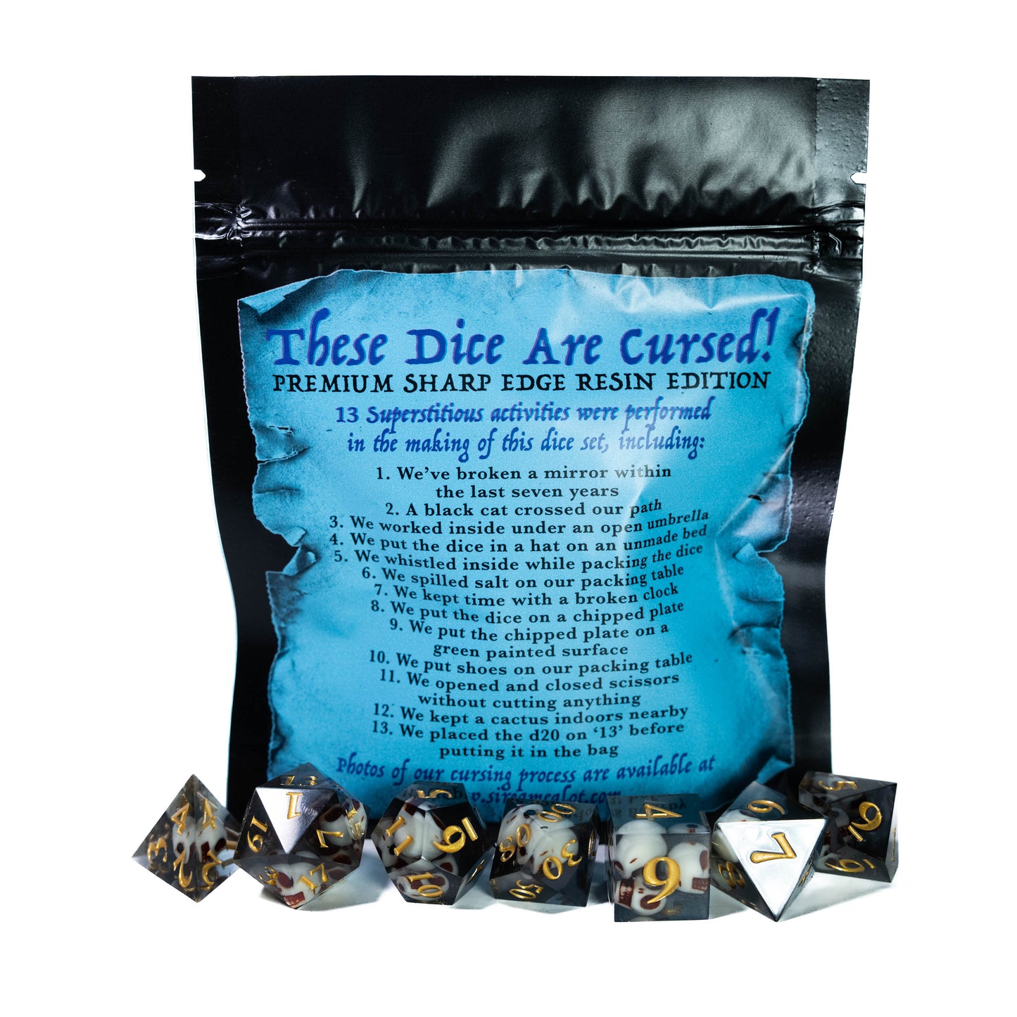 cursed black sharp edge resin skull design dungeons and dragons (aka dnd or d&d) game dice set, including a d20, d12, d10, d8, d6, and d4