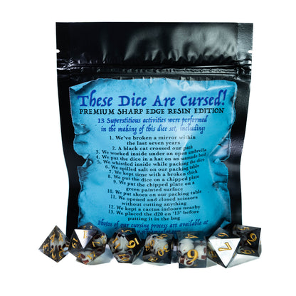cursed black sharp edge resin skull design dungeons and dragons (aka dnd or d&d) game dice set, including a d20, d12, d10, d8, d6, and d4