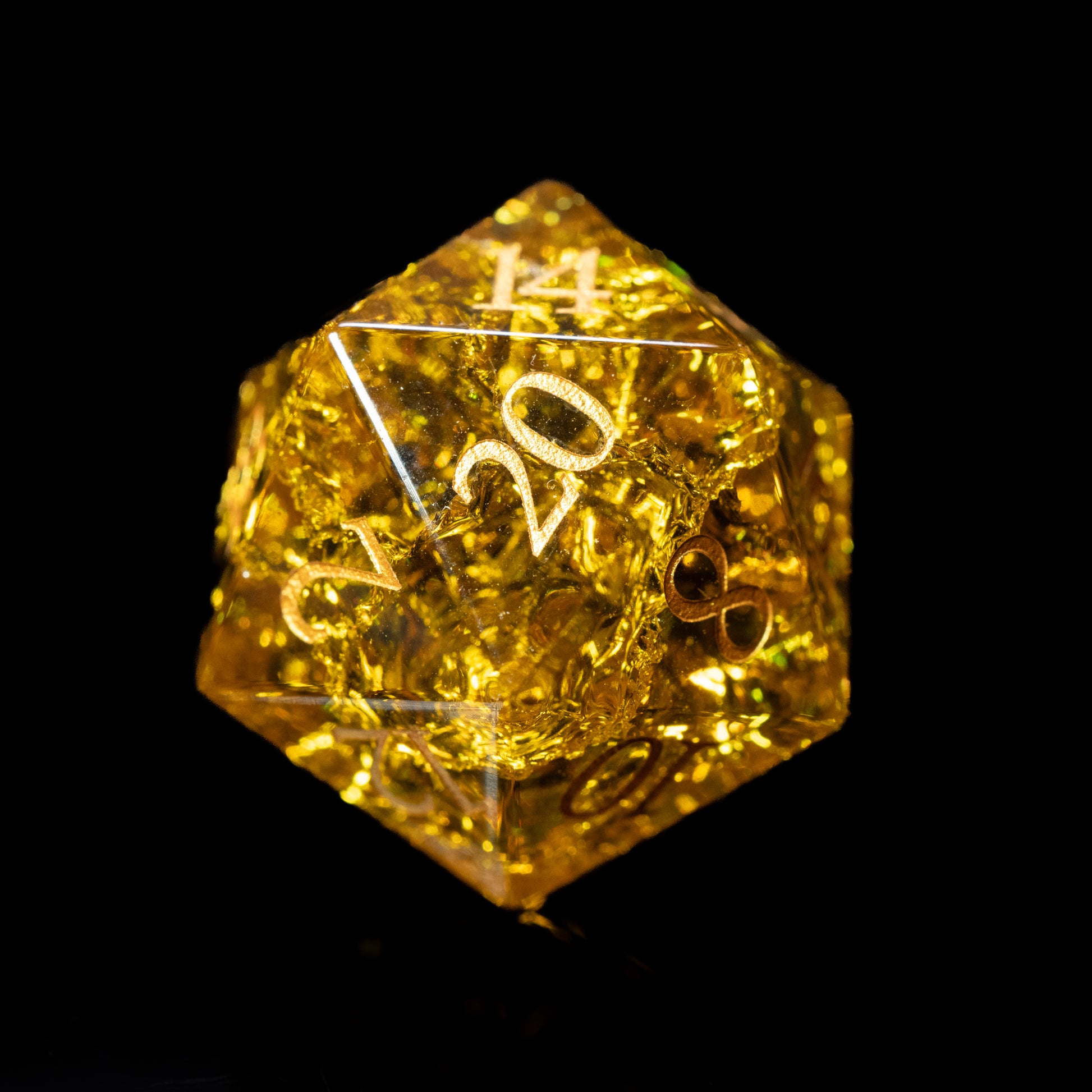 amber yellow glass gemstone dungeons and dragons (aka dnd or d&d) d20 game die or dice with numbers on a black background