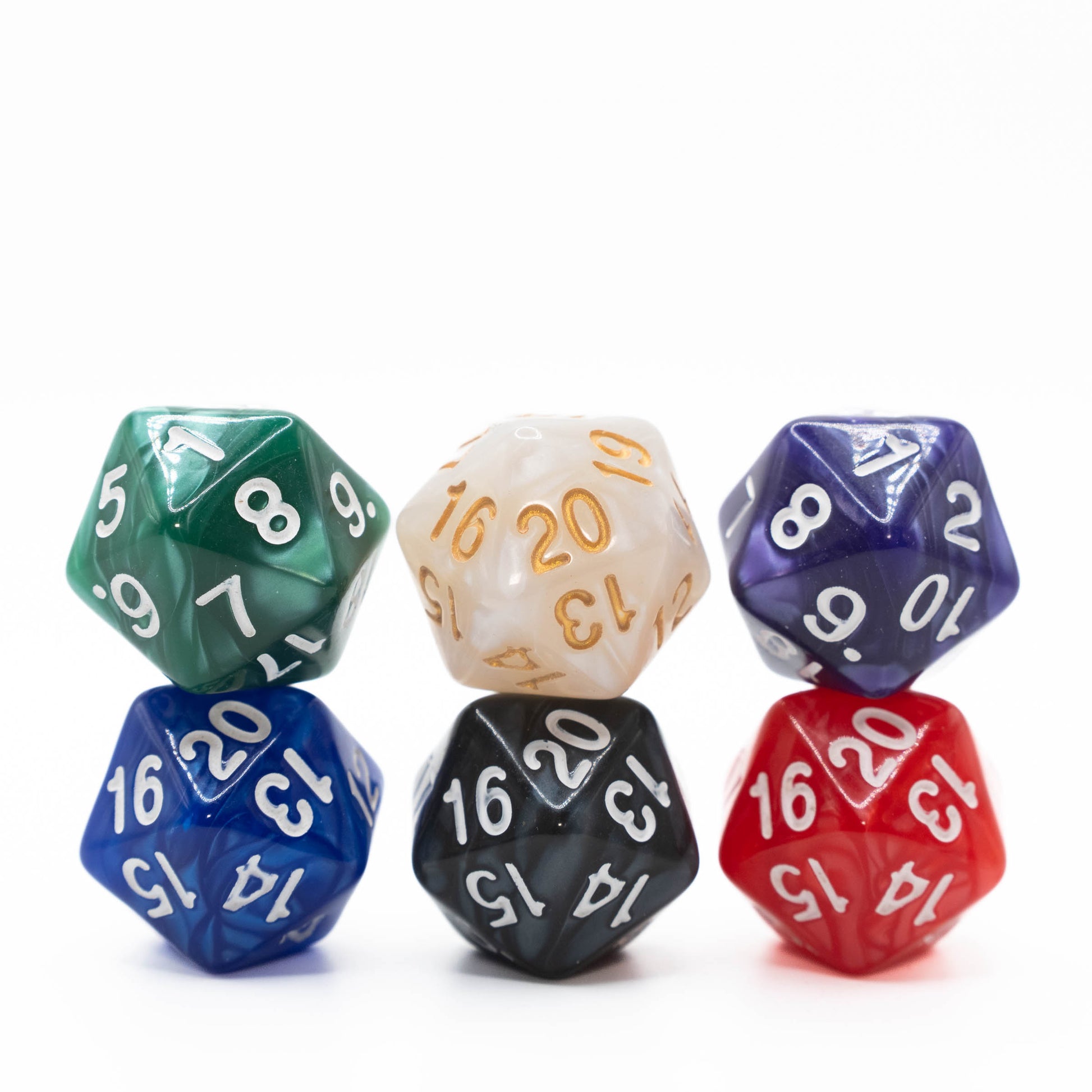 Set of six d20 twenty sided spindown countdown dice for dungeons and dragons (aka dnd or d&d), or Magic the Gathering (mtg) or other ccg games
